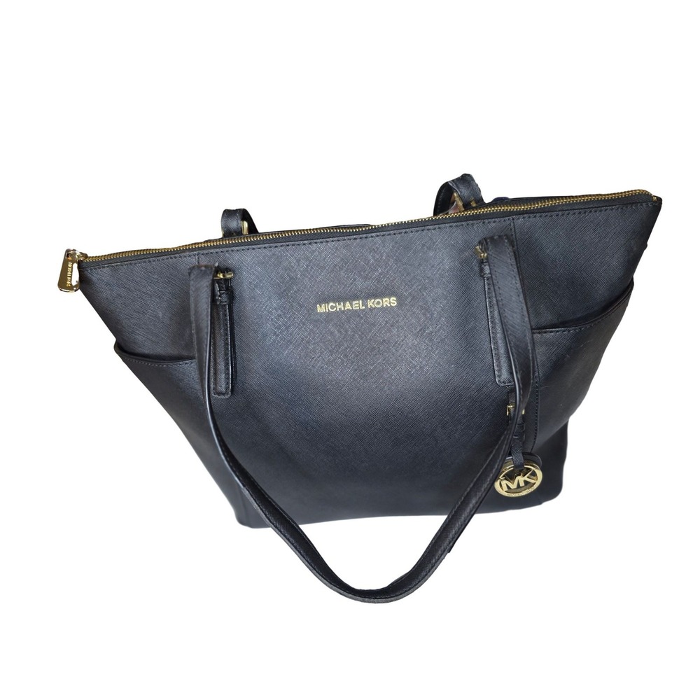 Michael Kors Charlotte Large Top Zip Tote Black Saffiano Leather Gold Hardware